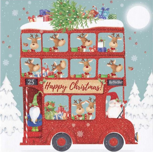 Santa & His Reindeer On The Bus Christmas Card
